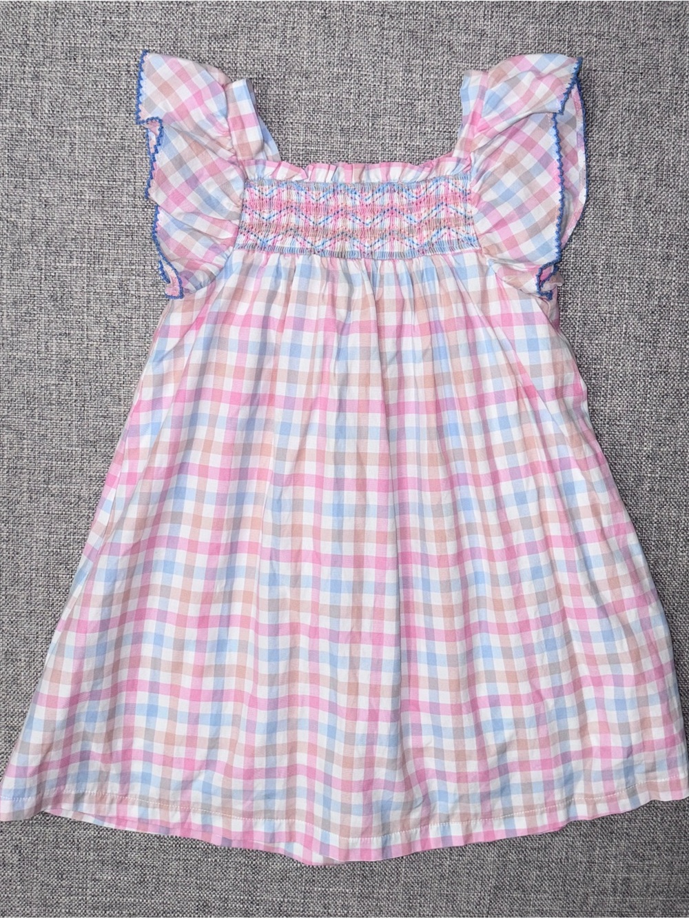 Trotters Pink Blue Cream Checked Smocked Flutter Dress - Picture 1 of 3
